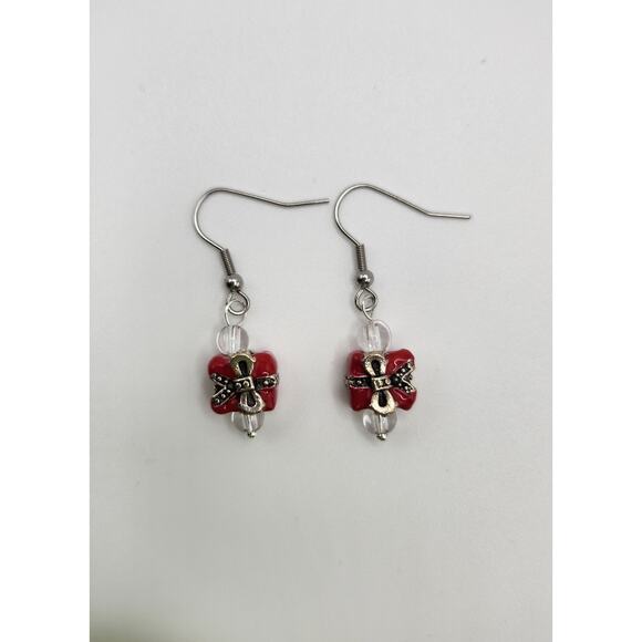 Handmade Red Present Earrings with Crystal – 1.5" Dangle - Picture 2 of 9